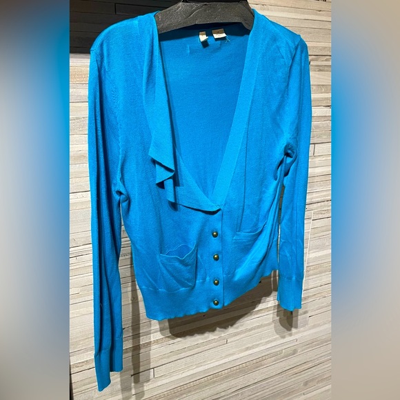 Moth Anthropologie drape front blue cardigan with brass buttons size large - Picture 1 of 6